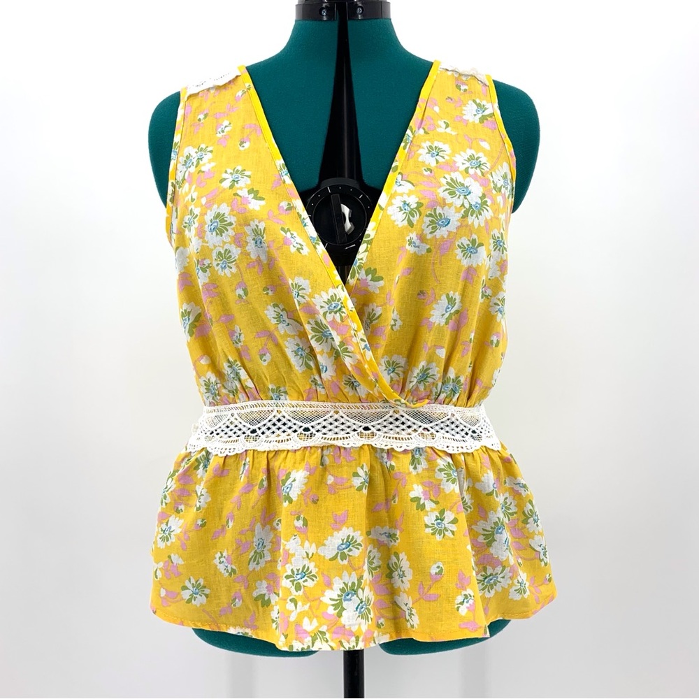 Rachel Zoe NWT Yellow Floral Print Open Back Sleeveless Linen Blend Top, Medium